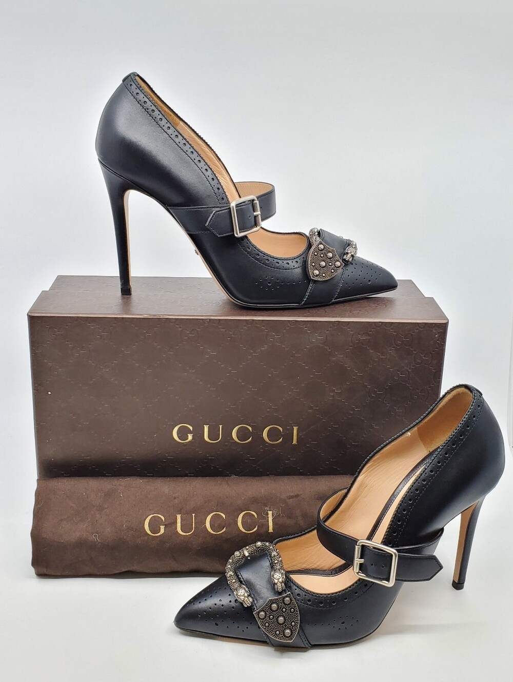 -Gucci Dionysus Perforated Leather Mary Jane Pumps-blk